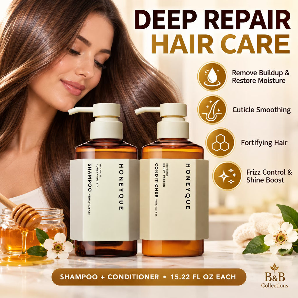 HONEYQUEs Japanese Salon-Quality Sulfate-Free, Frizz Control, Hydrating for Dry Damaged Hair Deep Repair Honey Collogen Moist Shampoo & Conditioner Set (450ml / 15.2 fl oz Each)