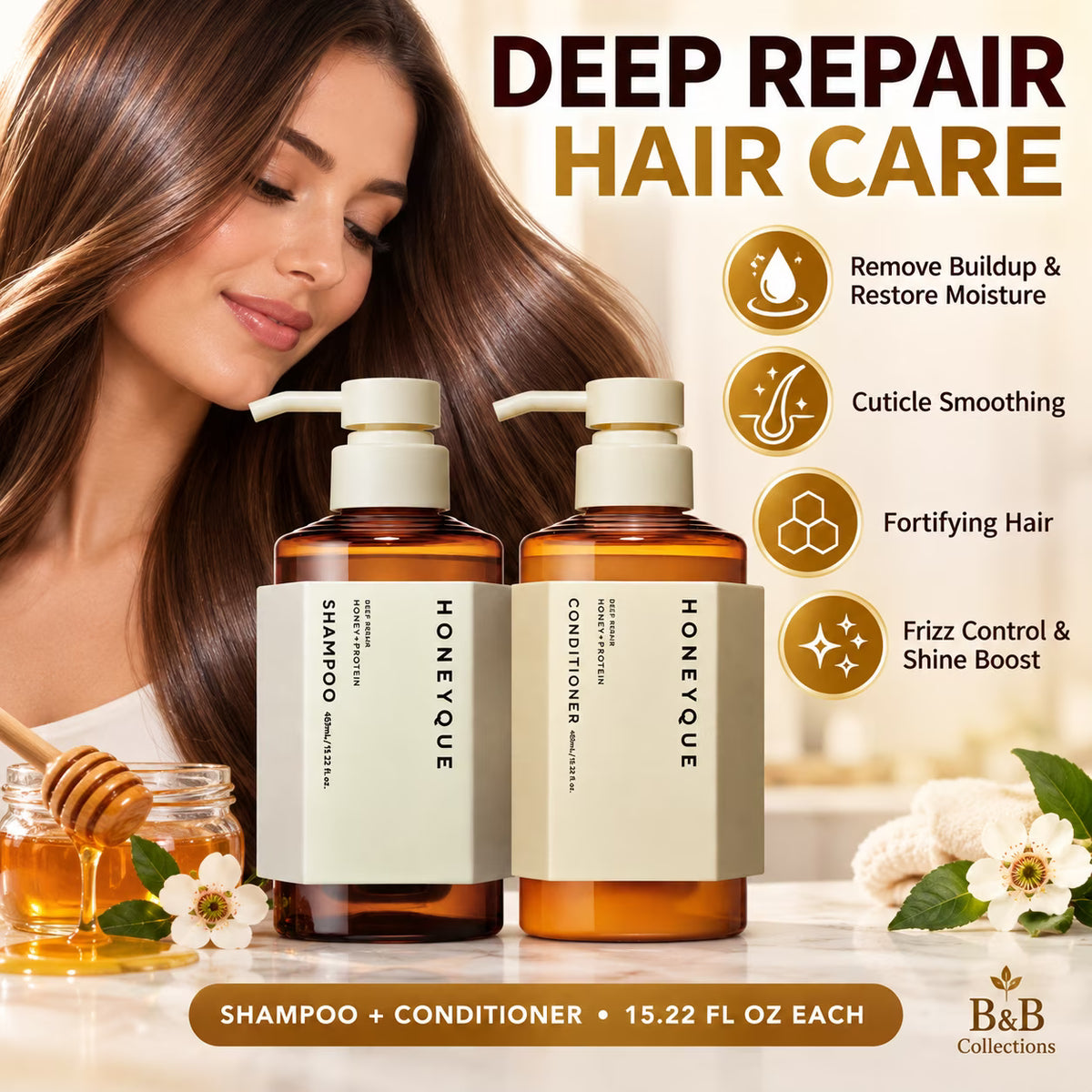 HONEYQUEs Japanese Salon-Quality Sulfate-Free, Frizz Control, Hydrating for Dry Damaged Hair Deep Repair Honey Collogen Moist Shampoo & Conditioner Set (450ml / 15.2 fl oz Each)