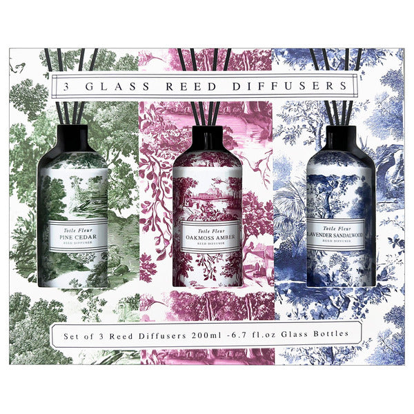 Toile Fleur Collection Reed Diffuser Set of 3 | Made in USA | Pine Cedar, Oakmoss Amber, Lavender Sandalwood | 6.7 fl oz Glass Bottles