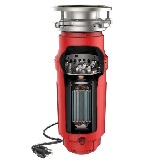 Red kitchen waste disposal unit on a white background