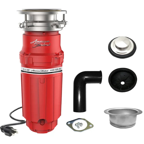 Red kitchen sink disposal unit with accessories on a white background