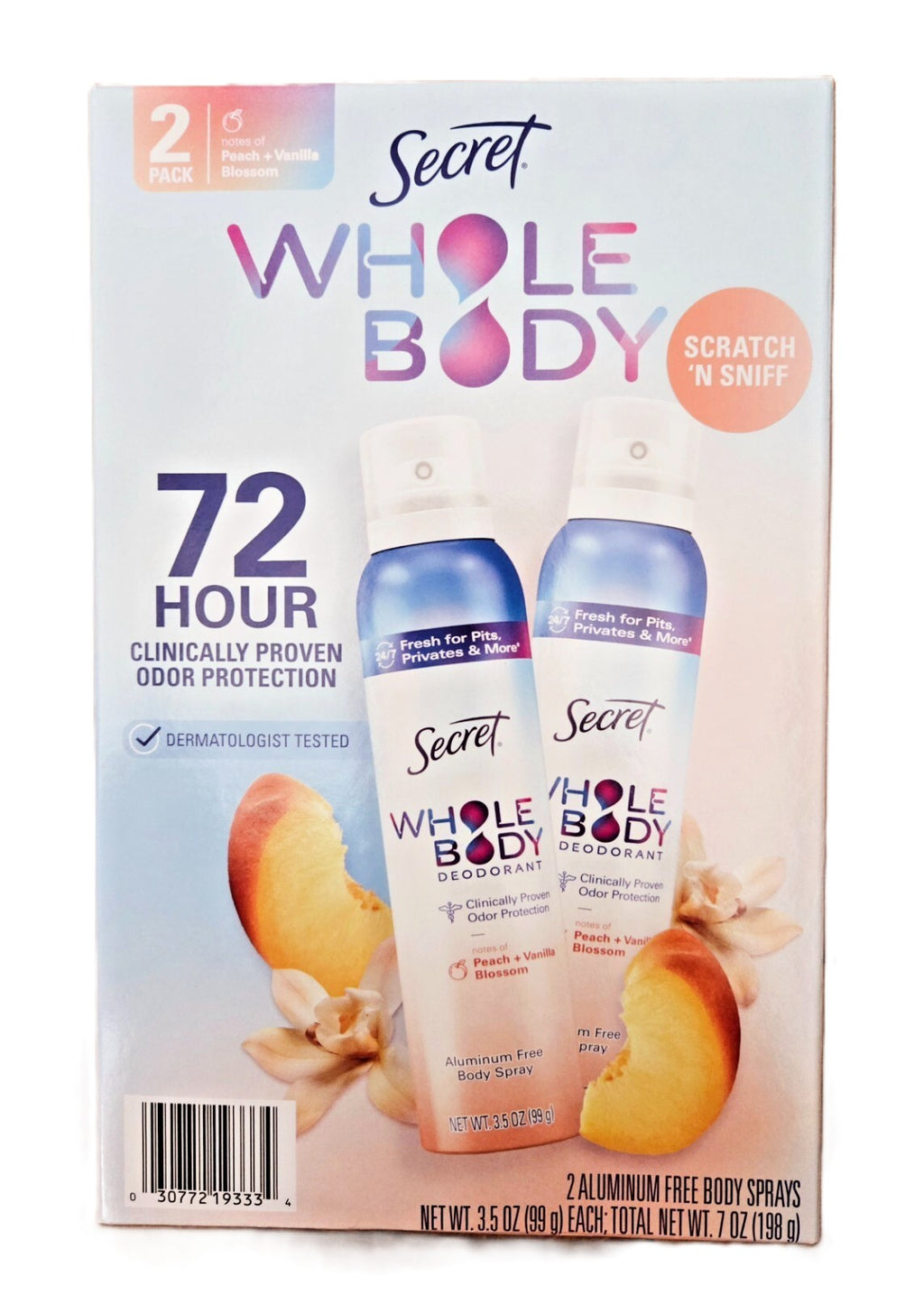 Secret Whole Body 72 Hour Deodorant Body Spray, Clinically Proven Odor Protection, Aluminum Free, Peach + Vanilla Blossom Fragrance, Dermatologist Tested, 3.5 oz 2 pack