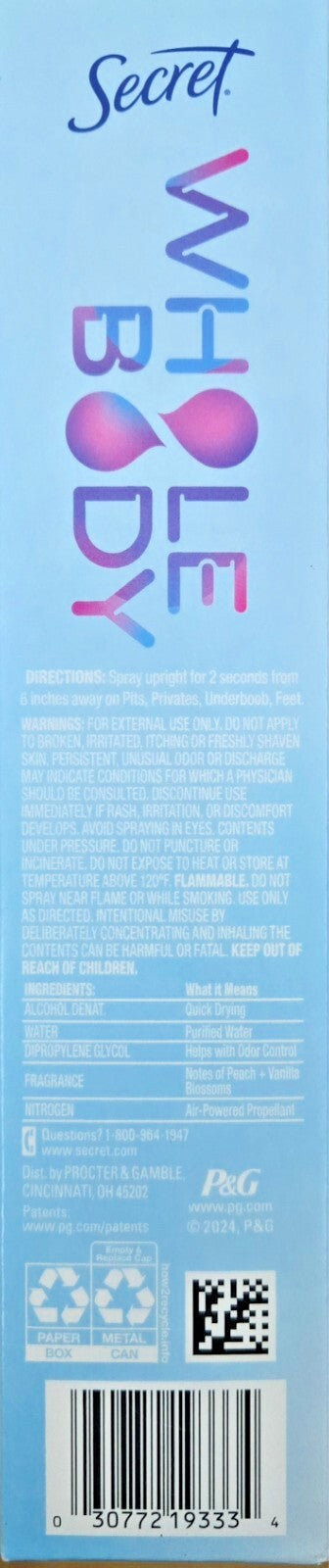 Secret Whole Body 72 Hour Deodorant Body Spray, Clinically Proven Odor Protection, Aluminum Free, Peach + Vanilla Blossom Fragrance, Dermatologist Tested, 3.5 oz 2 pack