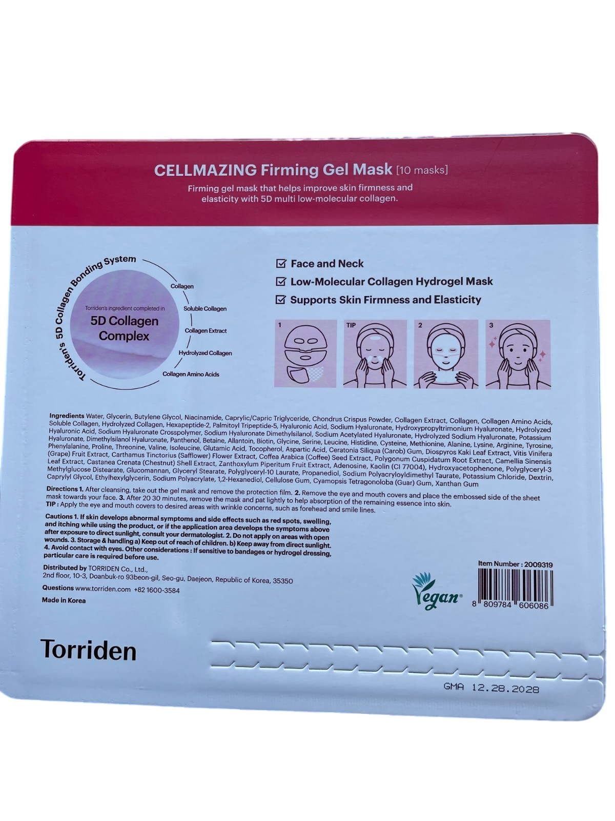 Torriden CELLMAZING Firming Gel Mask for Face & Neck, Deep Firming, Wrinkle Improving, 5D Collagen Complex, 10 pack, 1.58 oz x 10, Korean Skincare