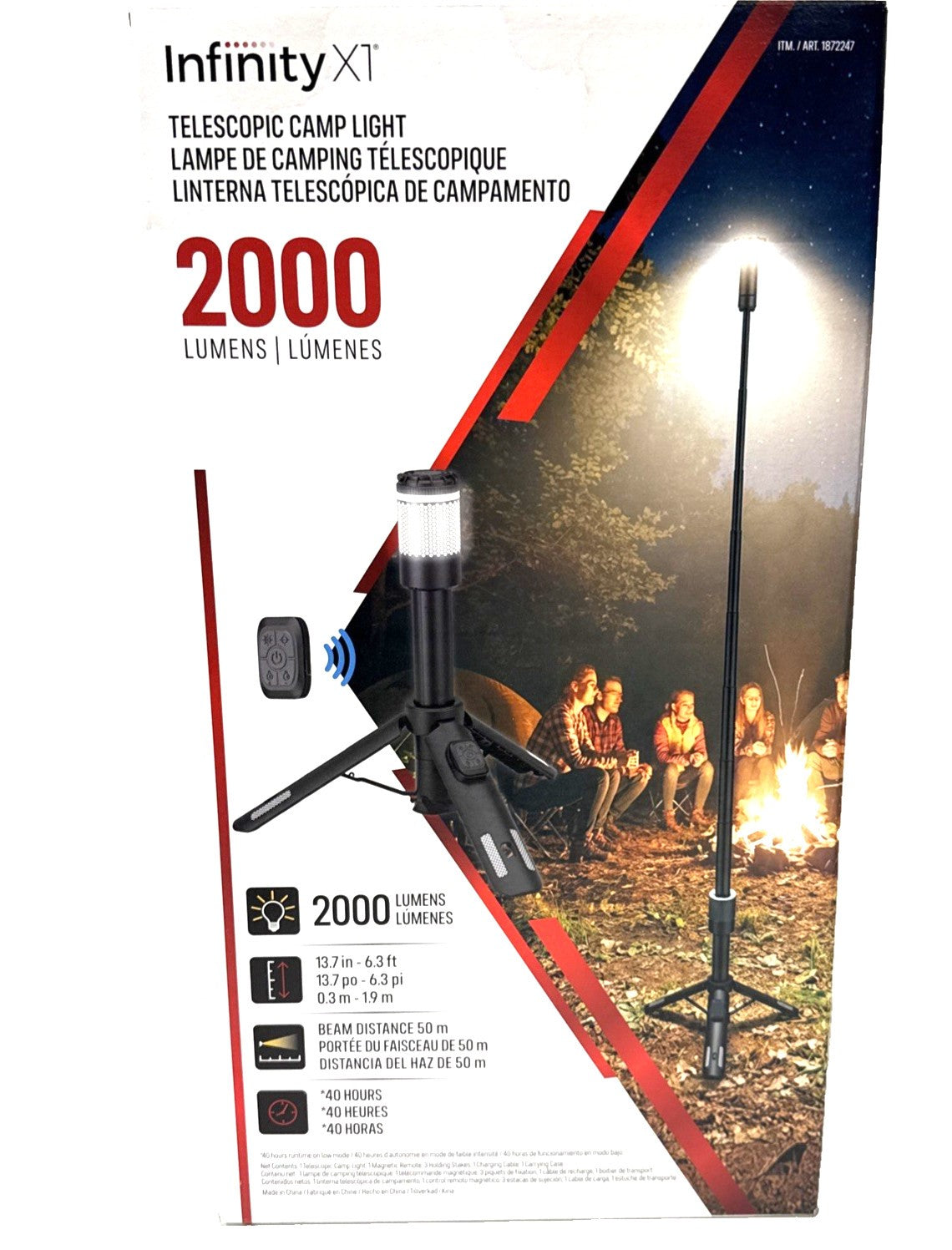 Infinity X1 Telescopic Camp Light, 2000 Lumens, 3 Color Temperatures, Carrying Case + Remote Control Included