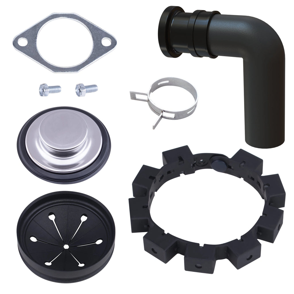 Collection of mechanical parts including a black elbow pipe, gaskets, and other components on a white background.