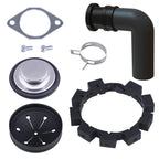 Collection of mechanical parts including a black elbow pipe, gaskets, and other components on a white background.