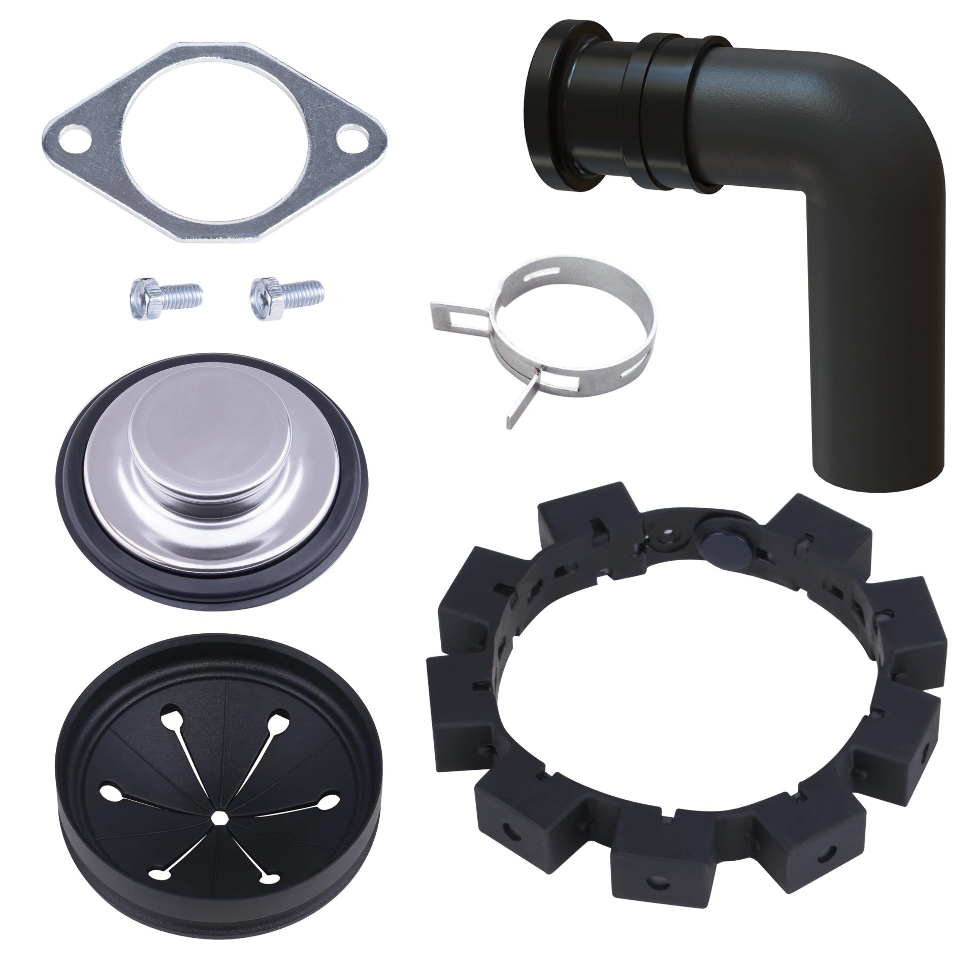 Collection of mechanical parts including a black elbow pipe, gaskets, and other components on a white background.