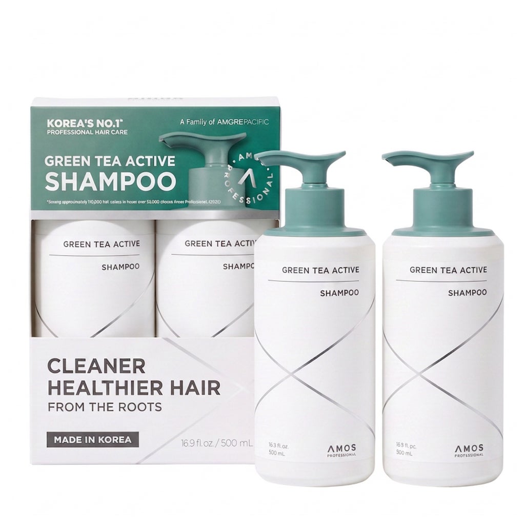 AMOS PROFESSIONAL Green Tea Active Shampoo 2 Pack l Anti-Aging for Fine, Thinning Hair | Protects Scalp & Volumizing Hair | Clinically Proven, 16.9 fl.oz