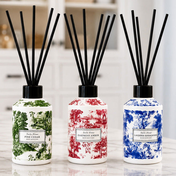 Toile Fleur Collection Reed Diffuser Set of 3 | Made in USA | Pine Cedar, Oakmoss Amber, Lavender Sandalwood | 6.7 fl oz Glass Bottles