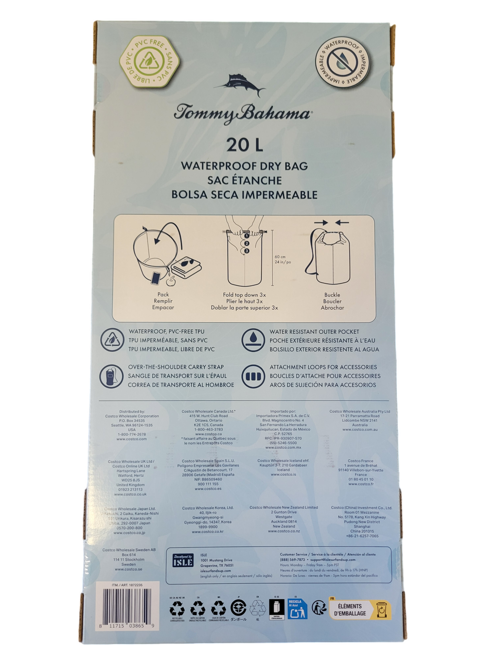 Tommy Bahama 20L waterproof dry bag packaging with illustrations and text.