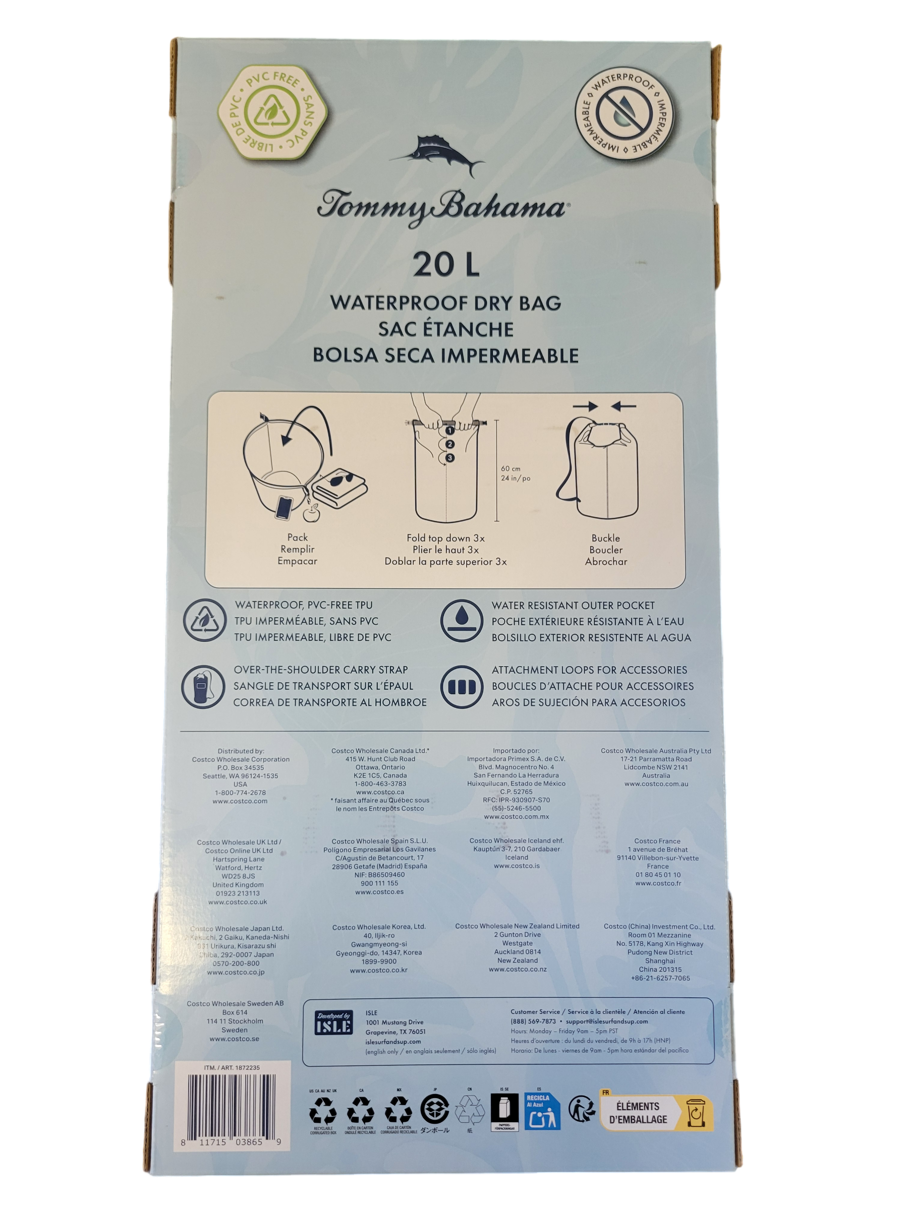 Tommy Bahama 20L waterproof dry bag packaging with illustrations and text.