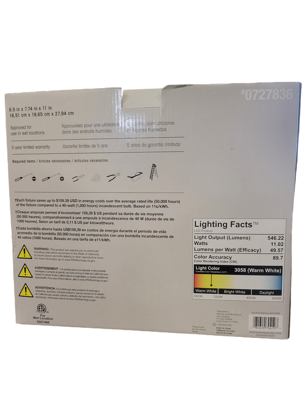 Back of a light bulb packaging with text and graphics on a white background