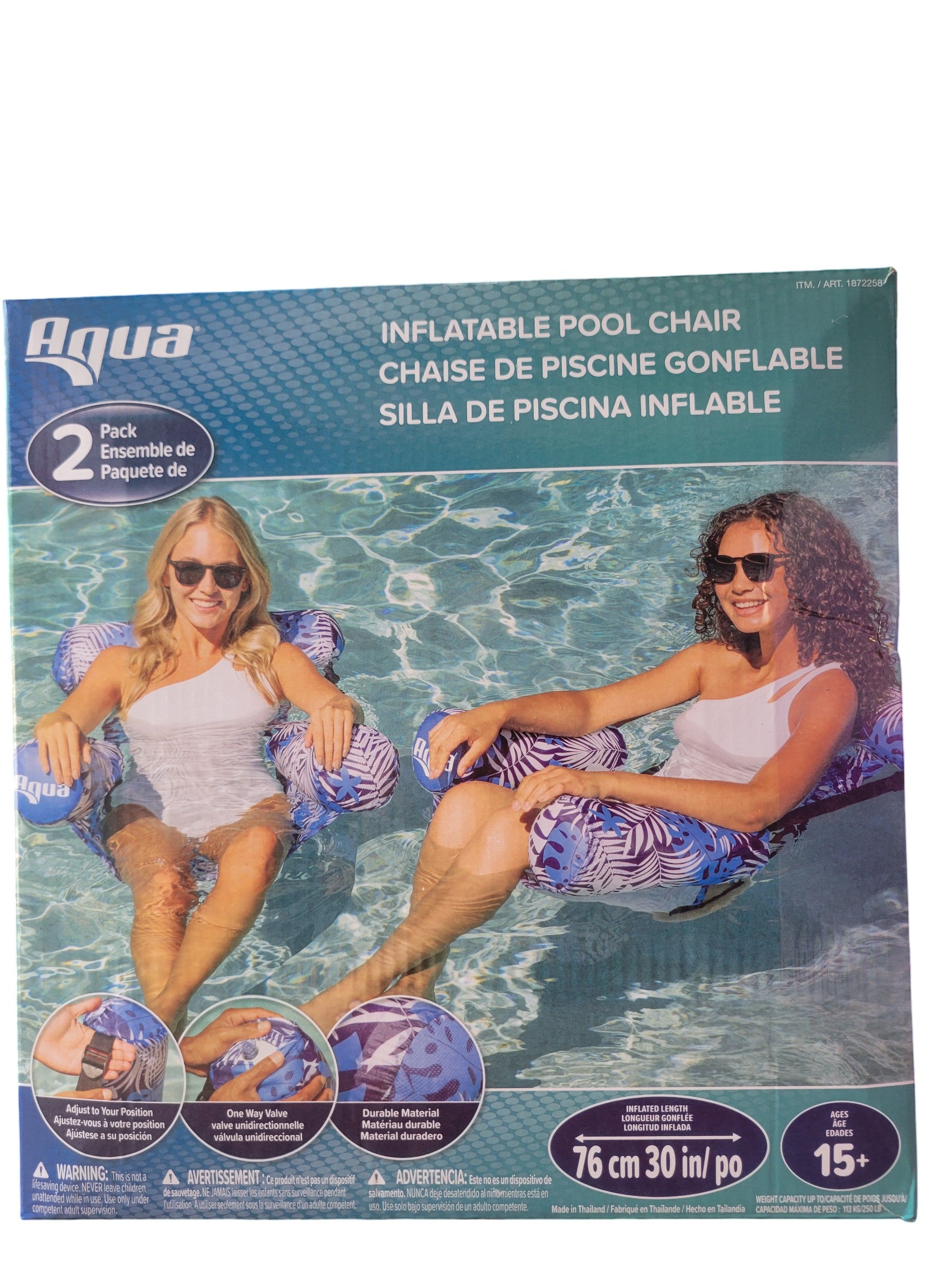 Aqua Inflatable Pool Chair, 30 in Length, 250 lb Weight Capacity, 2 Pack