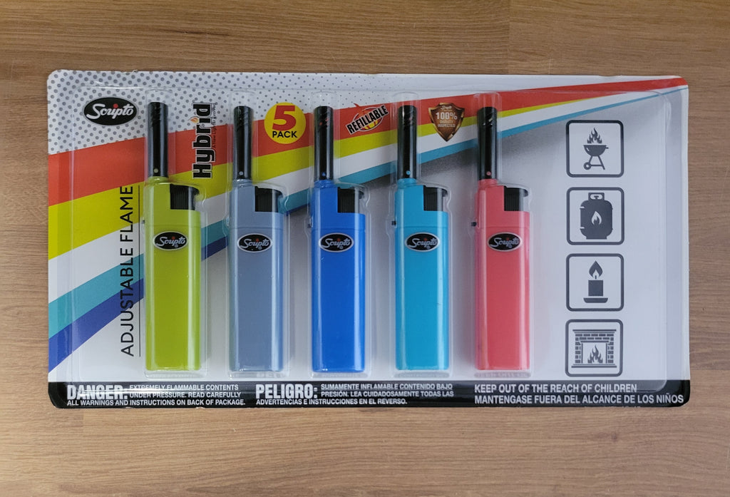 Scripto Refillable Adjustable Flame Hybrid Lighters w/ Extended Reach Nozzle 5pk