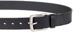 Black leather belt with a silver buckle on a white background