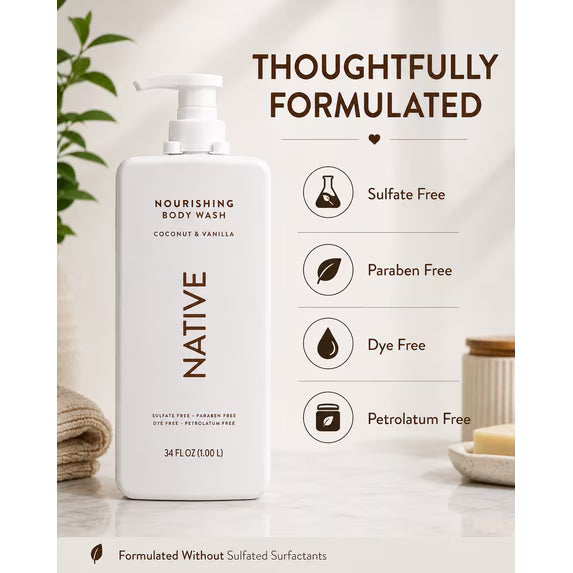Native Nourishing Body Wash, Coconut & Vanilla, Sulfate Free & Paraben Free, 34 fl oz, 2 Pack (68 fl oz Total)