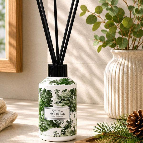 Toile Fleur Collection Reed Diffuser Set of 3 | Made in USA | Pine Cedar, Oakmoss Amber, Lavender Sandalwood | 6.7 fl oz Glass Bottles