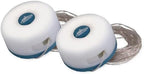 Two white buoys with blue accents and a coiled rope on a white background