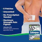 Salonpas pain relief patches packaging with a person holding a patch