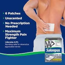 Salonpas pain relief patches packaging with a person holding a patch