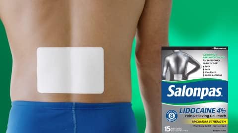 Person wearing a Salonpas lidocaine gel patch on their back with the product packaging displayed.