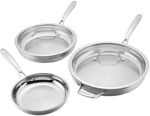 Cuisinart Professional Tryi-Ply Stainless Steel 5-piece Skillet Set. Aluminum Core, and Heat Surround Technology. Include: 3 Skillets 8", 10", 12". 2 lids. Silver.