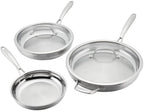 Cuisinart Professional Tryi-Ply Stainless Steel 5-piece Skillet Set. Aluminum Core, and Heat Surround Technology. Include: 3 Skillets 8", 10", 12". 2 lids. Silver.
