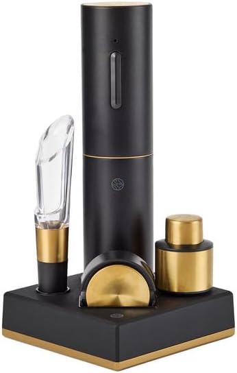 Black and gold wine accessory set on a white background