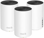 Three white and black network devices with 'deco' branding on a white background