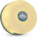 Yellow exercise ball with a blue circular logo featuring 'Cascade Mountain Tech' on a white background