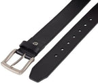 Black leather belt with silver buckle on a white background