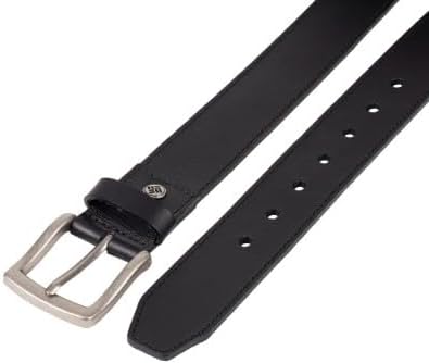 Black leather belt with silver buckle on a white background
