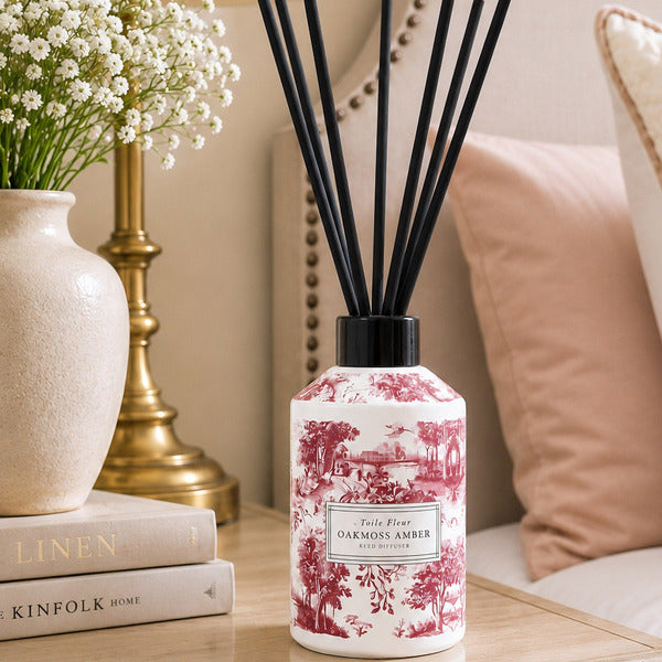 Toile Fleur Collection Reed Diffuser Set of 3 | Made in USA | Pine Cedar, Oakmoss Amber, Lavender Sandalwood | 6.7 fl oz Glass Bottles