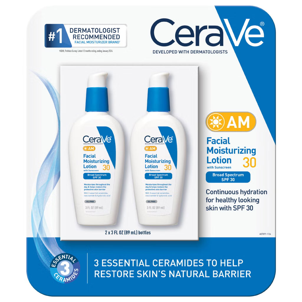 CeraVe AM Moisturizing Facial Lotion w/ Sunscreen SPF 30, 3 Oz (Pack of 2)