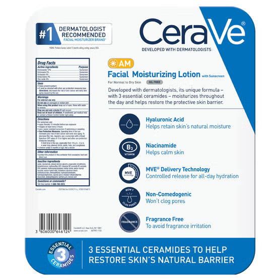 CeraVe AM Moisturizing Facial Lotion w/ Sunscreen SPF 30, 3 Oz (Pack of 2)
