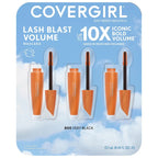 Covergirl Lash Blast Volume Mascara in a 3-pack of orange tubes with black applicators on a blue sky and clouds background card.