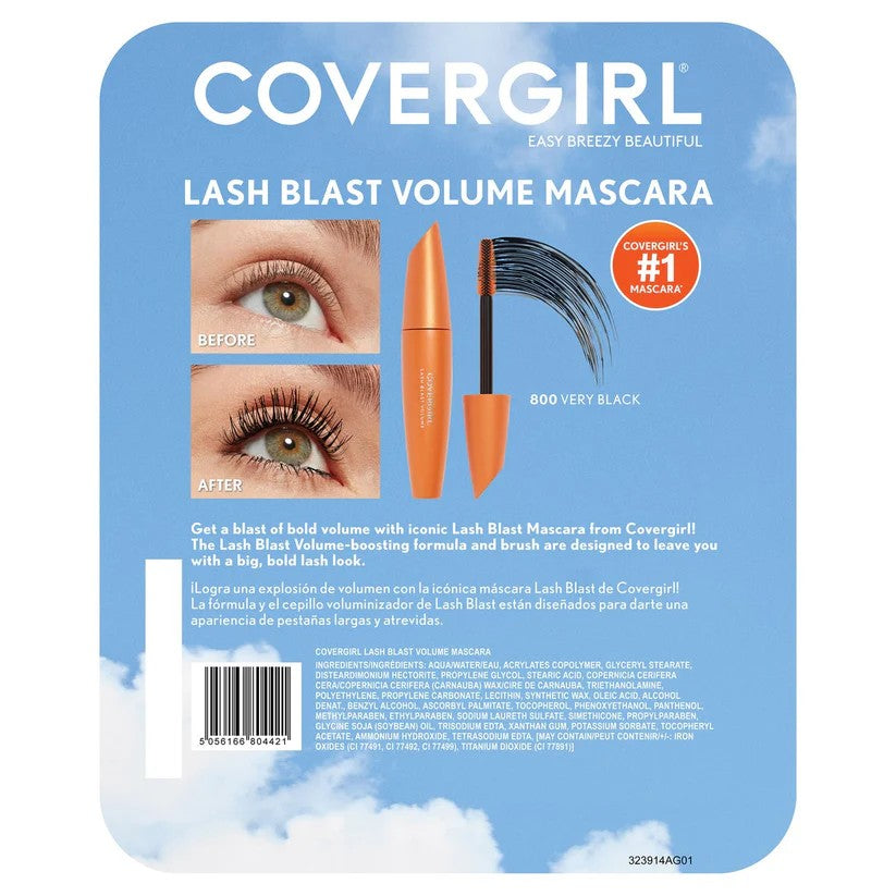 Covergirl Lash Blast Volume Mascara in shade 800 Very Black, shown in its blue cloud-themed retail packaging with a before-and-after eye close-up, the orange mascara tube, and a black mascara wand.