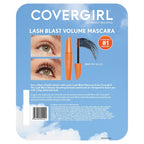 Covergirl Lash Blast Volume Mascara in shade 800 Very Black, shown in its blue cloud-themed retail packaging with a before-and-after eye close-up, the orange mascara tube, and a black mascara wand.