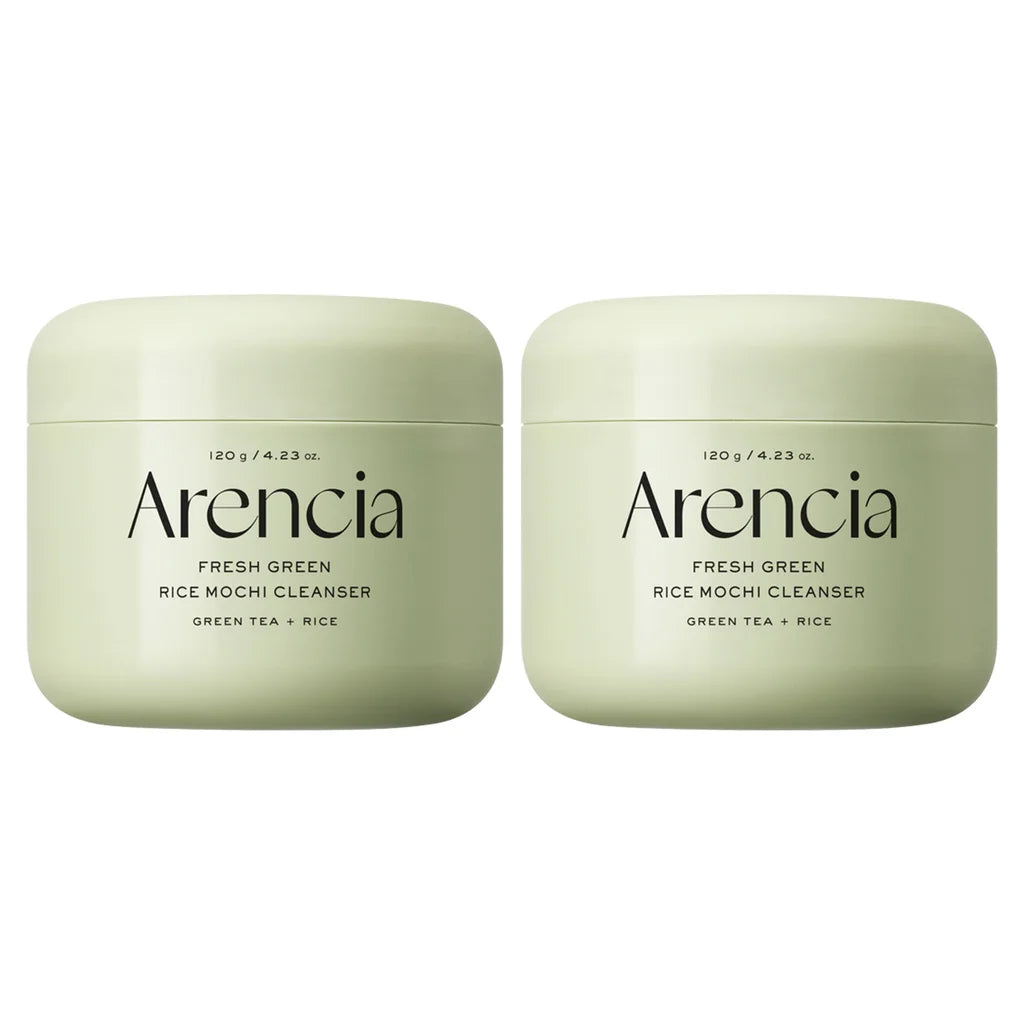 Two containers of Arencia Fresh Green Rice Mochi Cleanser on a white background