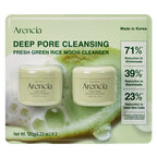 Arencia deep pore cleansing fresh green rice mochi cleanser packaging with green tea leaf and water droplets.