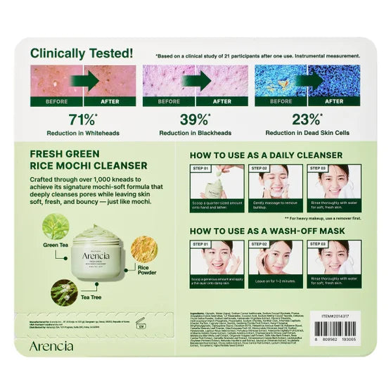Arencia Fresh Green Rice Mochi Cleanser packaging with usage instructions and before-after results.