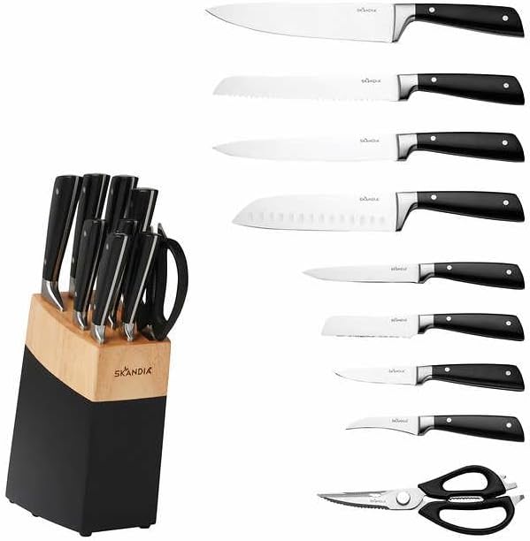 Skandia Constract 10-Piece Knife Block Set – Medium, Silver Stainless Steel Kitchen Knives with Wood Storage Block, Precision Cutting Tools for Everyday Cooking