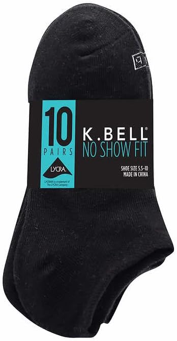 K BELLS No Show Socks, 10 Pairs, Assorted Solids and Stripes, Fits Shoe Sizes 5.5-10