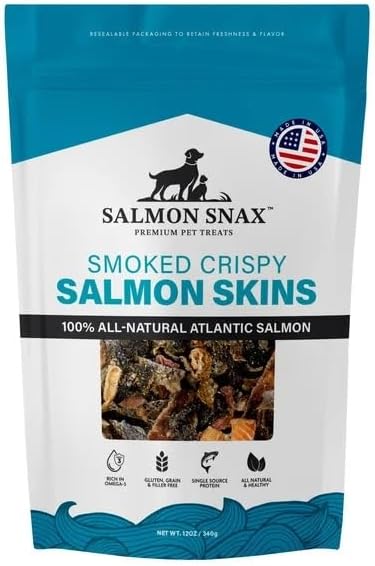 Salmon Snax Dog Treats – Smoked Crispy Salmon Skin, 12 oz – 100% Atlantic Salmon, All Natural, Single-Protein, Grain & Gluten Free, Omega-3 Rich, No Fillers, Resealable Bag, Made in USA