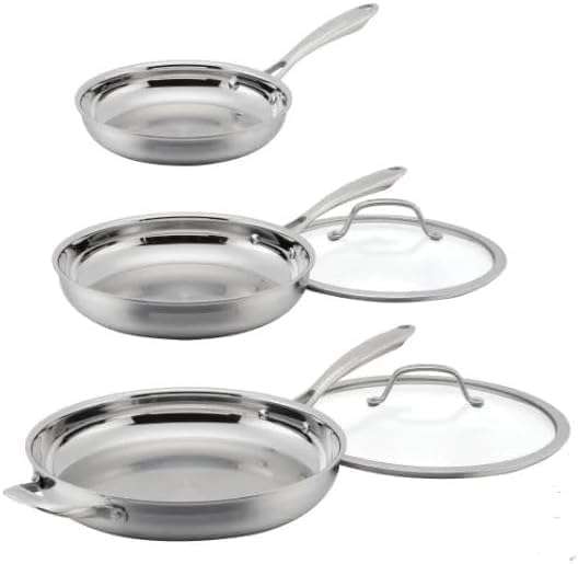 Cuisinart Professional Tryi-Ply Stainless Steel 5-piece Skillet Set. Aluminum Core, and Heat Surround Technology. Include: 3 Skillets 8", 10", 12". 2 lids. Silver.