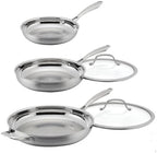 Cuisinart Professional Tryi-Ply Stainless Steel 5-piece Skillet Set. Aluminum Core, and Heat Surround Technology. Include: 3 Skillets 8", 10", 12". 2 lids. Silver.