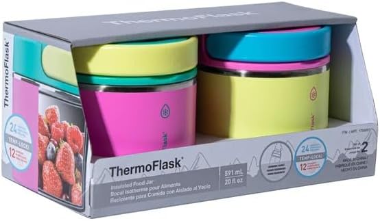ThermoFlask 20 oz Insulated Food Jar, 2-Pack, Pink and Blue, Hot 12 Hours Cold 24 Hours (Pink and Yellow)