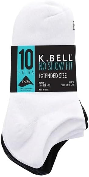K BELLS No Show Socks, 10 Pairs, Assorted Solids and Stripes, Fits Shoe Sizes 5.5-10