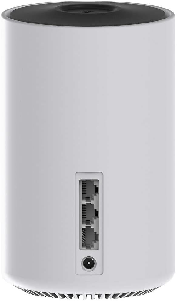 White cylindrical device with Ethernet port on a white background